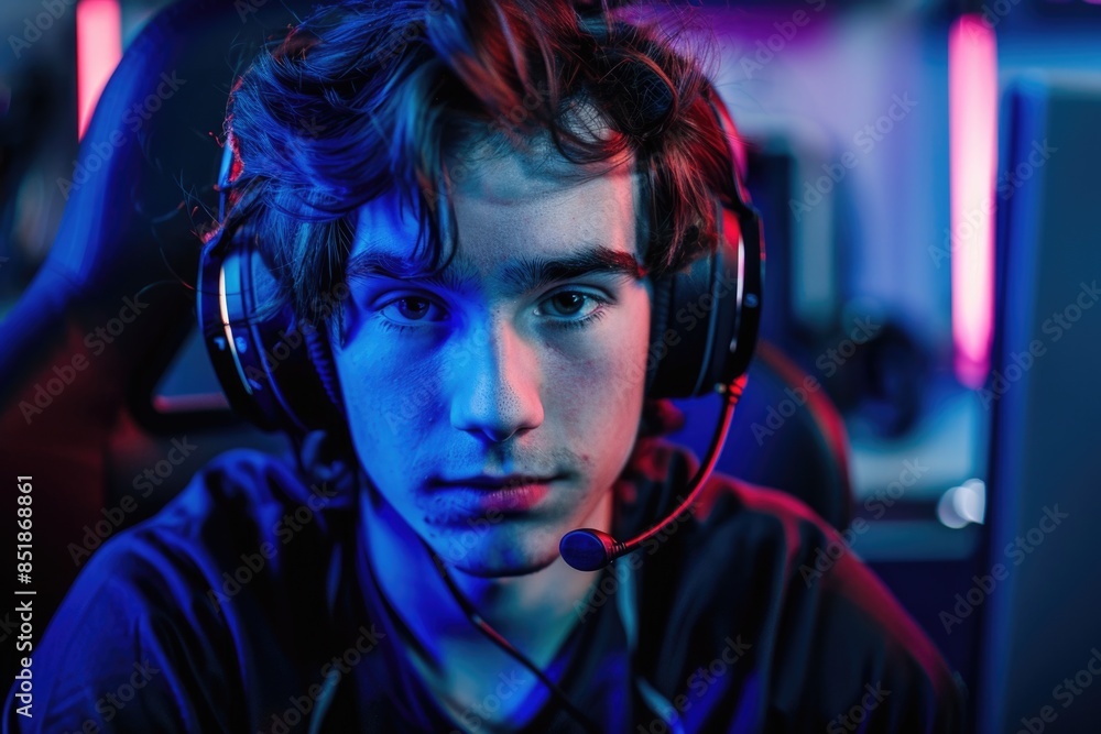 Poster a person working on their computer with headphones on, possibly focused on music or coding