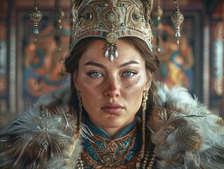 Medium shot of Portrait of a mongolian warrior queen, dark fantasy, ritual, feathered robe, detailed face, waist high shot photography, themed background.