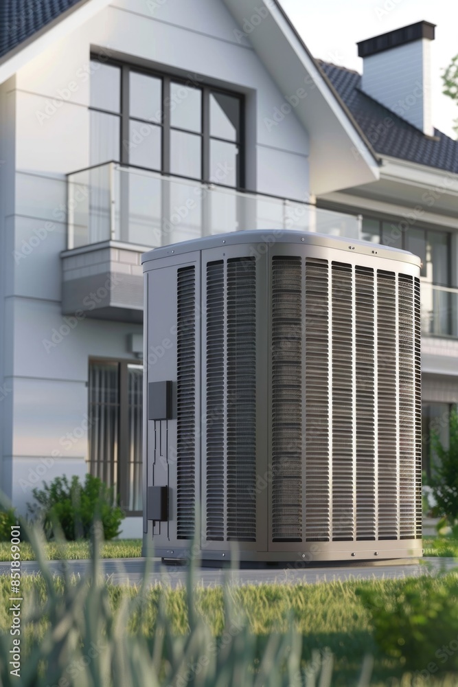 Poster a large air conditioner sitting in front of a house, perfect for adding some coolness to your outdoo