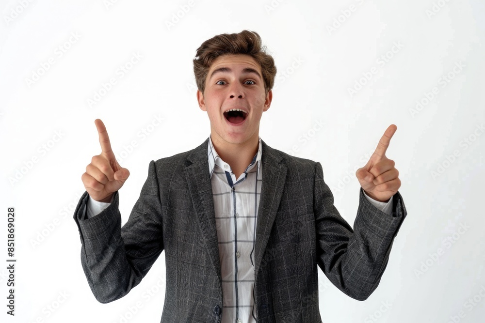 Poster young man in formal attire with a humorous facial expression, ideal for adding humor to an image or 