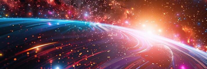 Obraz premium Digital space exploration theme displayed on a wide banner hologram. Wide banner hologram
