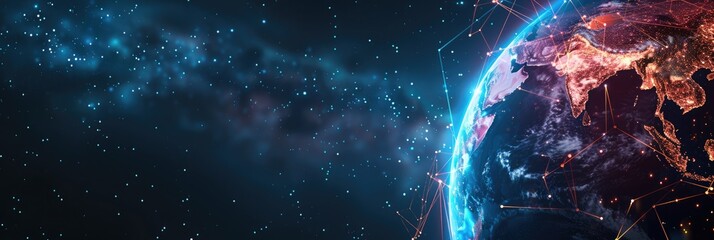 Obraz premium Hologram of rotating globe with network connections on wide banner. Wide banner hologram