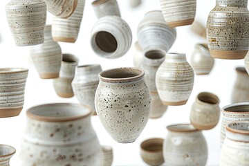 Elegant Handcrafted Pottery in Mid-Air: Ceramics Studio Photography with Vases and Mugs on White Background