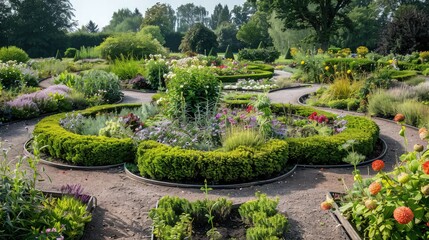 Fototapeta premium An ornamental garden being planted with exotic flowers and shrubs, each species selected for its aesthetic appeal and compatibility with the local climate.