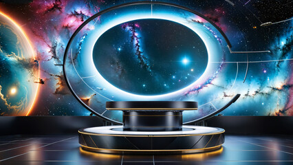 Futuristic carbon fibre podium, ring light, nebula galaxy, electronical parts and wires, science fiction futuristic mock-up podium platform for hardware presentation, ad, podium platform, product