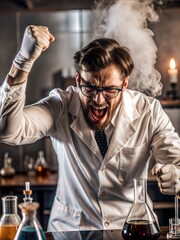 A man in a lab coat is yelling and celebrating in front of a beaker of liquid
