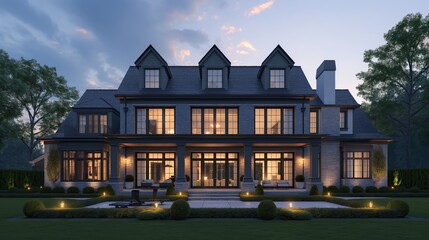 A luxurious mansion illuminated at night, its reflective windows and manicured gardens exuding sophistication and elegance.