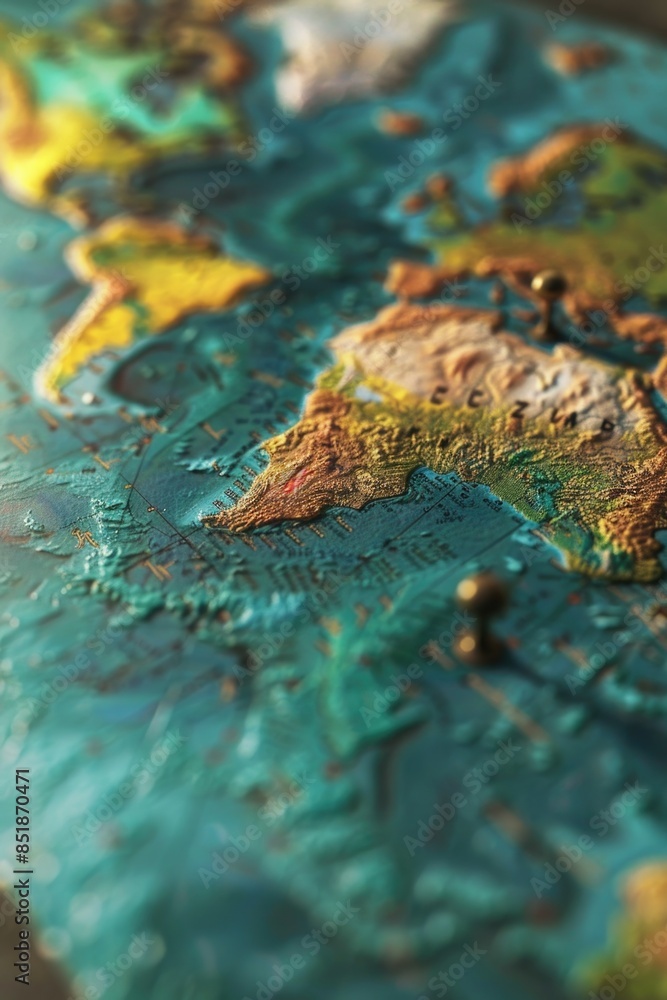 Poster A detailed view of a map of the world with geographical features and country boundaries