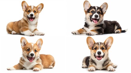 Four adorable corgi puppies in various playful poses, radiating joy and mischief.