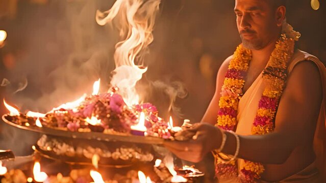 Flowers and flames during the Aarti ceremony in Varanasi