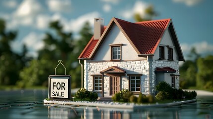 Miniature Model Home with For Sale Sign in Picturesque Landscape
