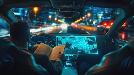car with automatic steering system and businessman driver reading a book.
