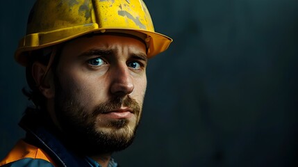 Fototapeta premium Pensive construction worker in hardhat with solemn expression dark moody tone