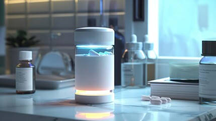 An advanced smart pill bottle with a sleek design, reminding patients of their medication schedule through a subtle light and vibration