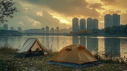 A tent by a river, in the distance is the city, high-rise. Generative AI.