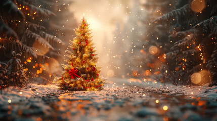 Naklejka premium blurred christmas tree, snow, christmas, background