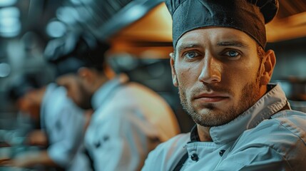 A close-up portrait of a chef wearing a black and white hat, looking determined and focused in a...