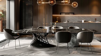 Modern dining table with a black marble top and metal legs, surrounded by grey chairs. The room features dark brown walls, and an elegant chandelier hanging above it. Generative AI.