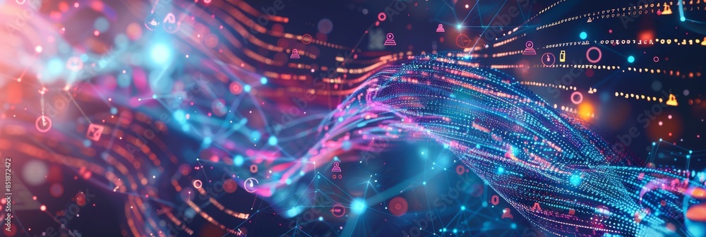 Poster Digital Transformation, a vibrant abstract background with flowing data streams and digital icons, showcasing the continuous flow of information