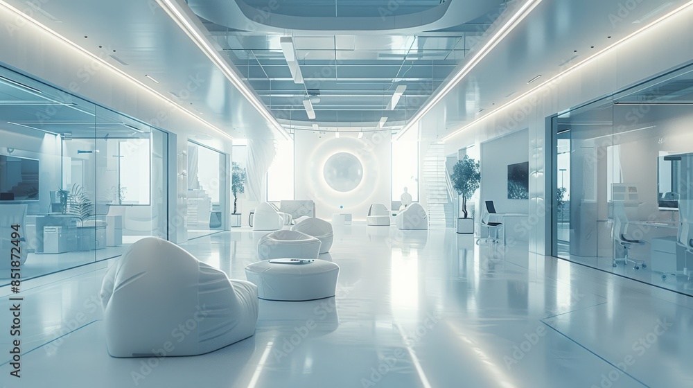 Aufkleber interactive it co-working in white and blue tones with media content high detailed. generative ai.
