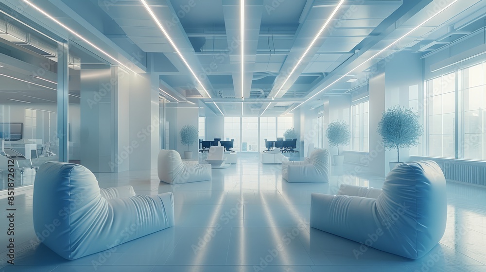 Poster Interactive IT co-working in white and blue tones with media content high detailed. Generative AI.