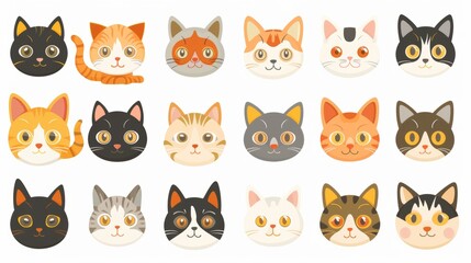 Flat Vector illustration of cute cat. Collection sets