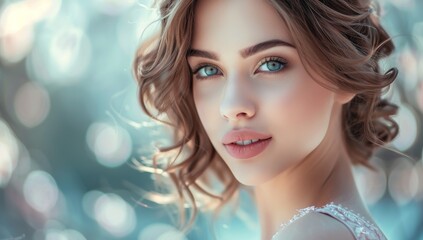 Fototapeta premium A beautiful girl with light brown hair, big eyes Woman exuding beauty with a natural makeup look, embodying elegance and timeless charm