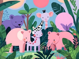 Vector background with cute exotic animals, leaves, flowers and fruits. Interesting tropical landscape with birds and plants. Bright flat illustration for children. Generative AI