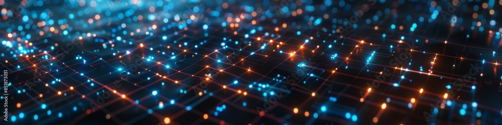 Poster dark tech background with fragmented grid connections, illuminated by neon highlights, emphasizing t
