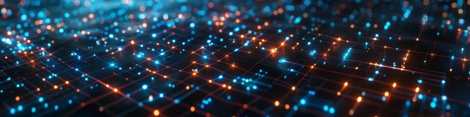 Fototapeta premium Dark tech background with fragmented grid connections, illuminated by neon highlights, emphasizing the chaotic