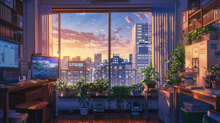 apartment window scene, game background, country skyline at sunset