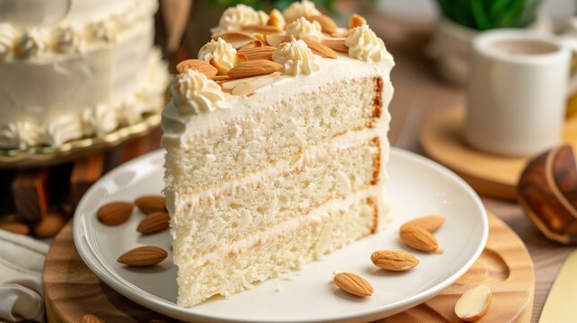 lice of Almond Layer Cake with Buttercream Frosting