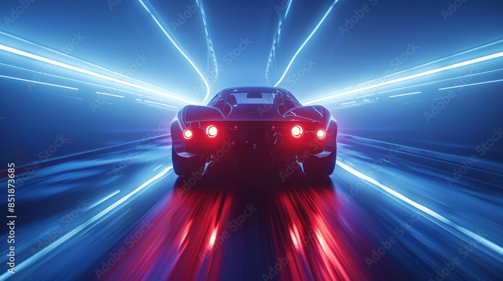 Poster a dynamic composition with a car moving towards the light, captured from a rear angle, and an overal