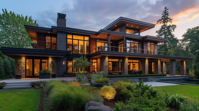 A sleek, contemporary house with bold, dark exteriors contrasts beautifully against the vibrant sunset