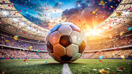 А soccer ball on the green lawn of the stadium © Alex