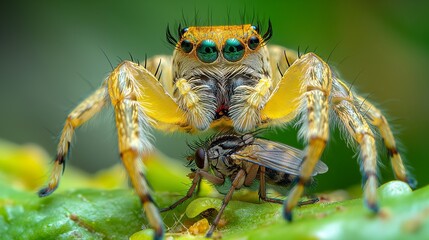 Fototapeta premium A vibrant jumping spider triumphantly captures a fly on a dew-covered leaf