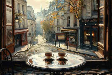 A romantic setting with two cups of coffee on a small round table, overlooking a Parisian street...