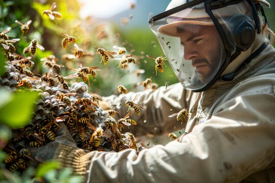 Beekeeper Removing Wasp Nest During Daytime