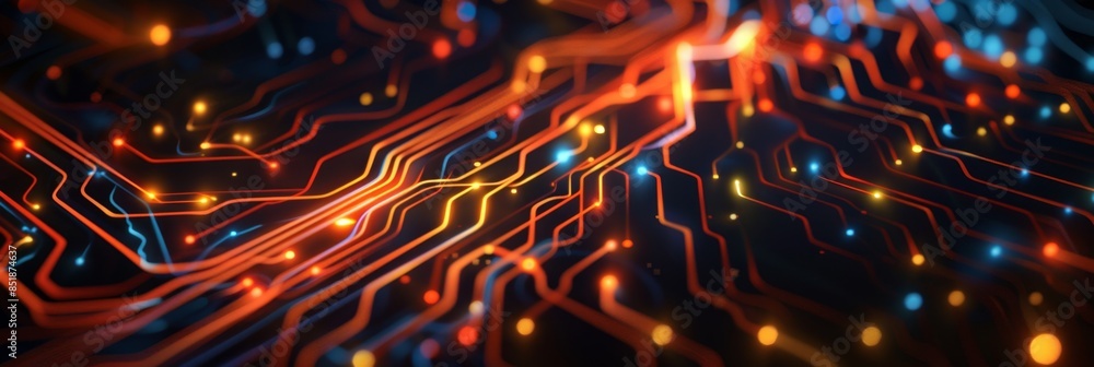 Poster digital transformation, a futuristic abstract design with luminous circuits and digital nodes, highl