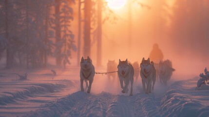 Portrait of Husky dogs in dog sledding in cold winter with snow at sunrise