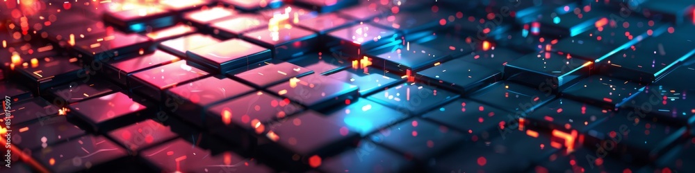 Poster dark tech background with a fragmented grid and broken connections, illuminated by neon highlights c