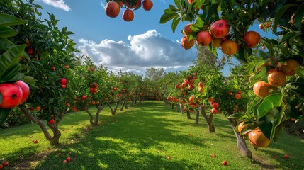 Lush pomegranate trees line orderly paths, bursting with bright red fruits under a clear blue sky.
