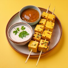 Indian starter food paneer tikka kebab on yellow background