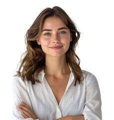 Confident young woman arms crossed looking at camera on isolated transparent background