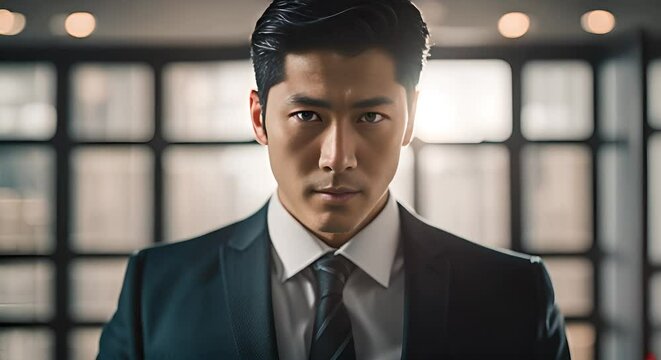 Confident businessman in a modern office, serious and focused, showcasing determination and leadership. Professional demeanor in a sleek corporate setting