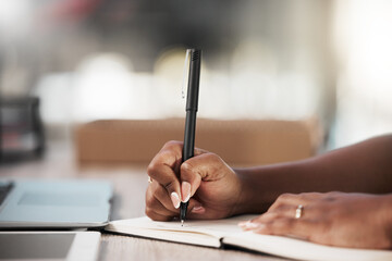 Hands, business and person writing schedule in notebook for project, feedback and deadline in...