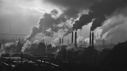 Industrial Smokestacks Release Plumes of Smoke Into the Air in a Black and White Photograph