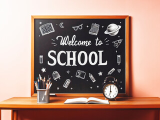 Art supplies: paint tubes, brushes, pencils, watercolor, palette, crayons. Welcome to school, blackboard