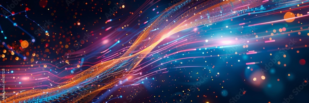 Aufkleber digital transformation, a dynamic abstract background with neon swirls and digital components, symbo