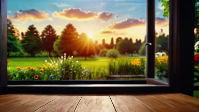 desk of free space with garden view and blurred summer window as background. seamless looping overlay 4k virtual video animation background